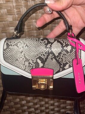ALDO Black Satchel with Snake-Print Flap and Hot Pink Trim